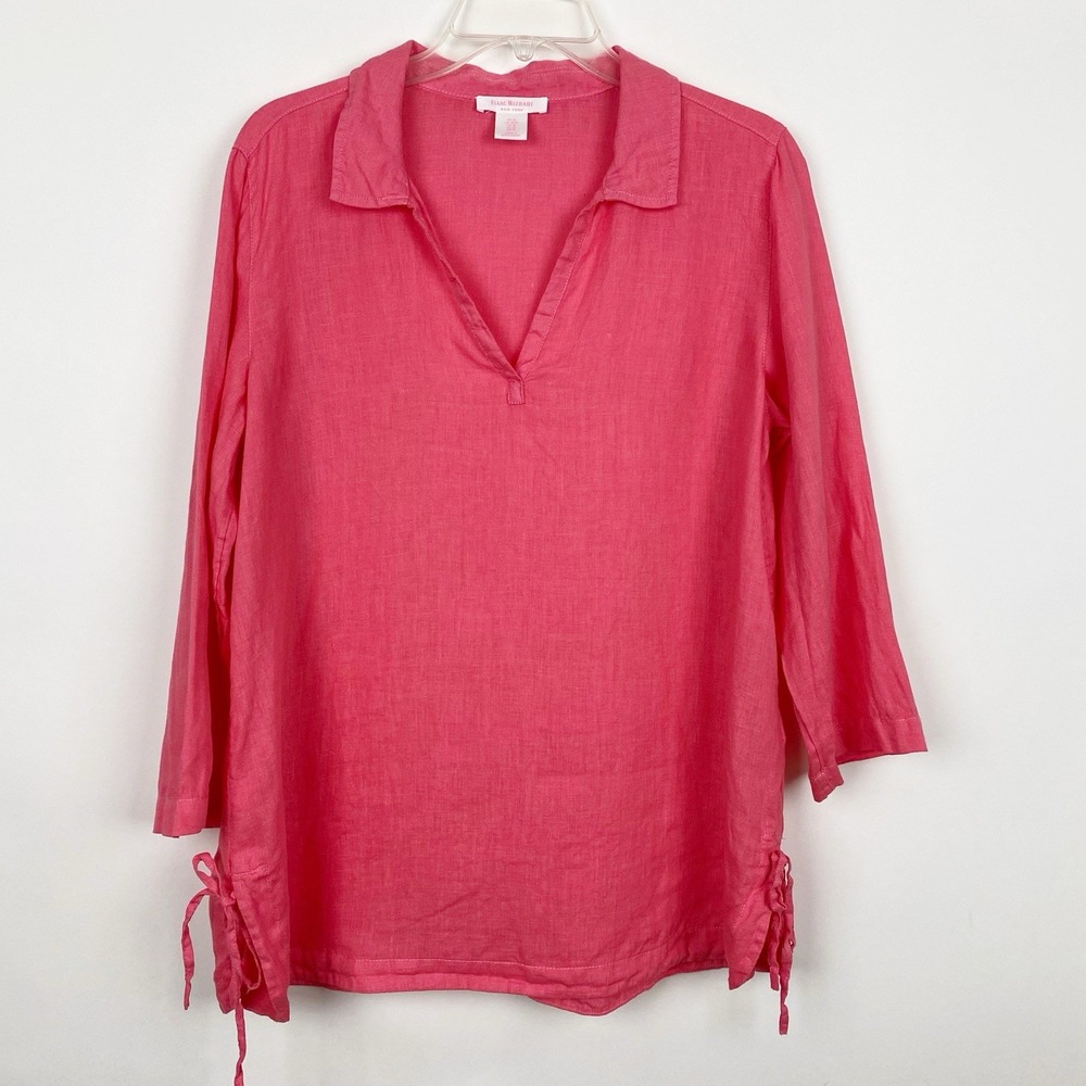 Isaac Mizrahi Linen Side Tie‎ V-Neck Tunic Top Womens Medium Pink